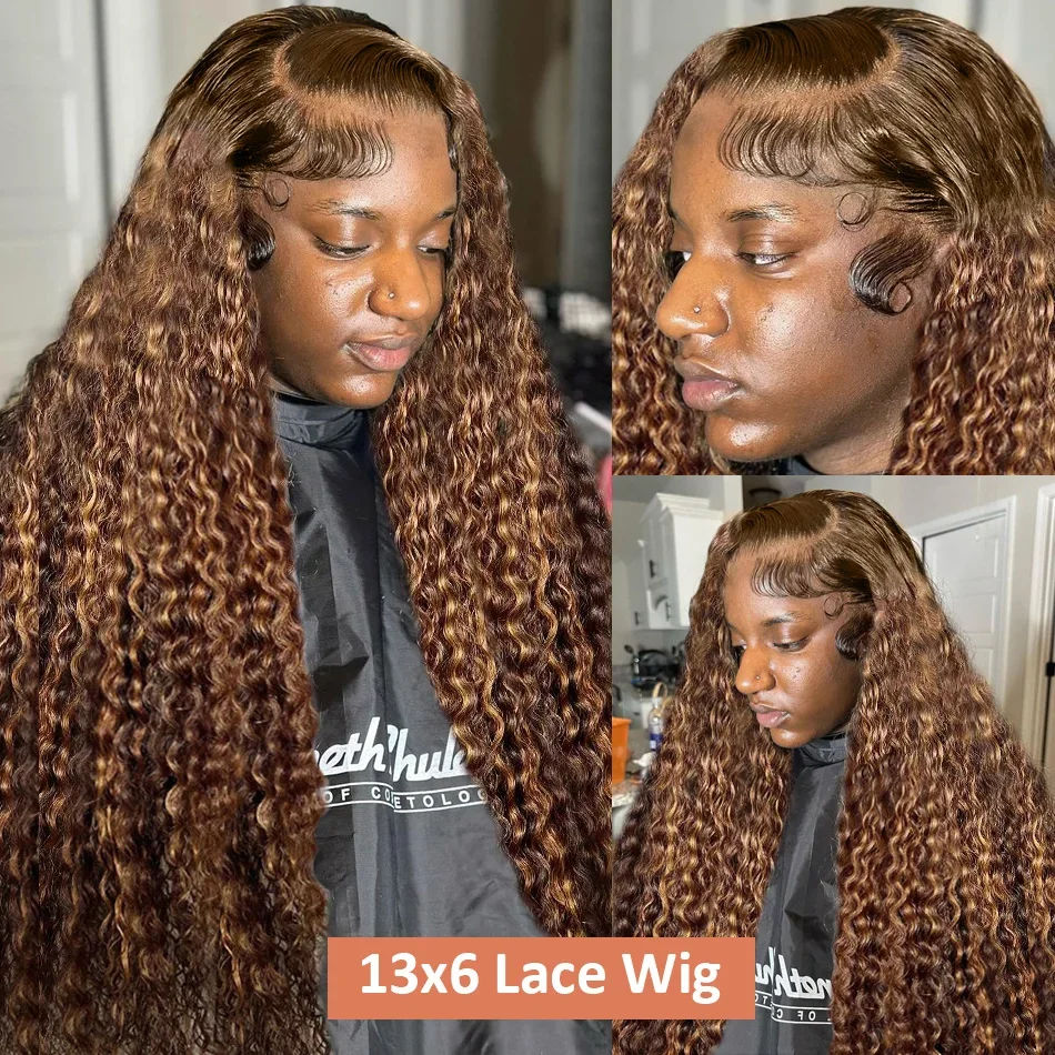 Highlight Ombre Curly 200 Density Human Hair Lace Frontal Remy Deep Wave Wig for Women