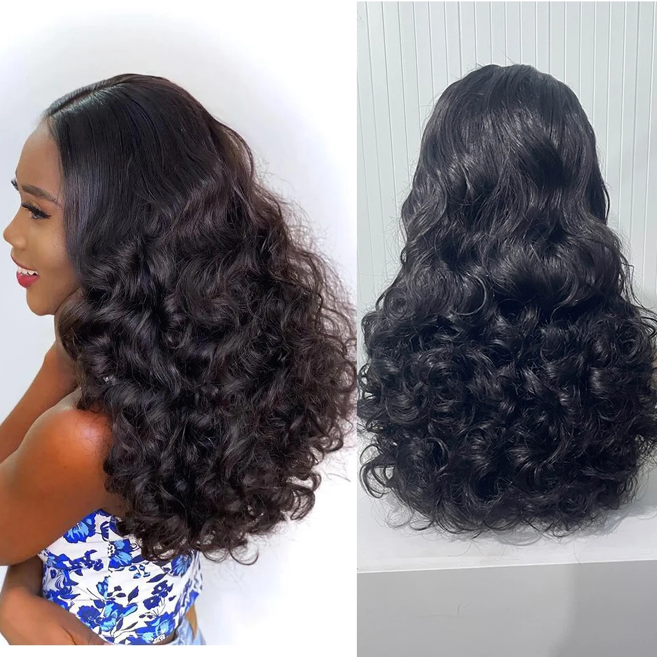 Human Hair Highlight Ombre Double Drawn Bouncy Body Wave Full Weave Wavy Lace Wig