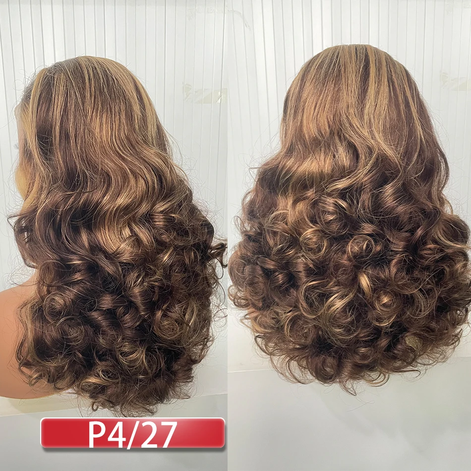 Human Hair Highlight Ombre Double Drawn Bouncy Body Wave Full Weave Wavy Lace Wig