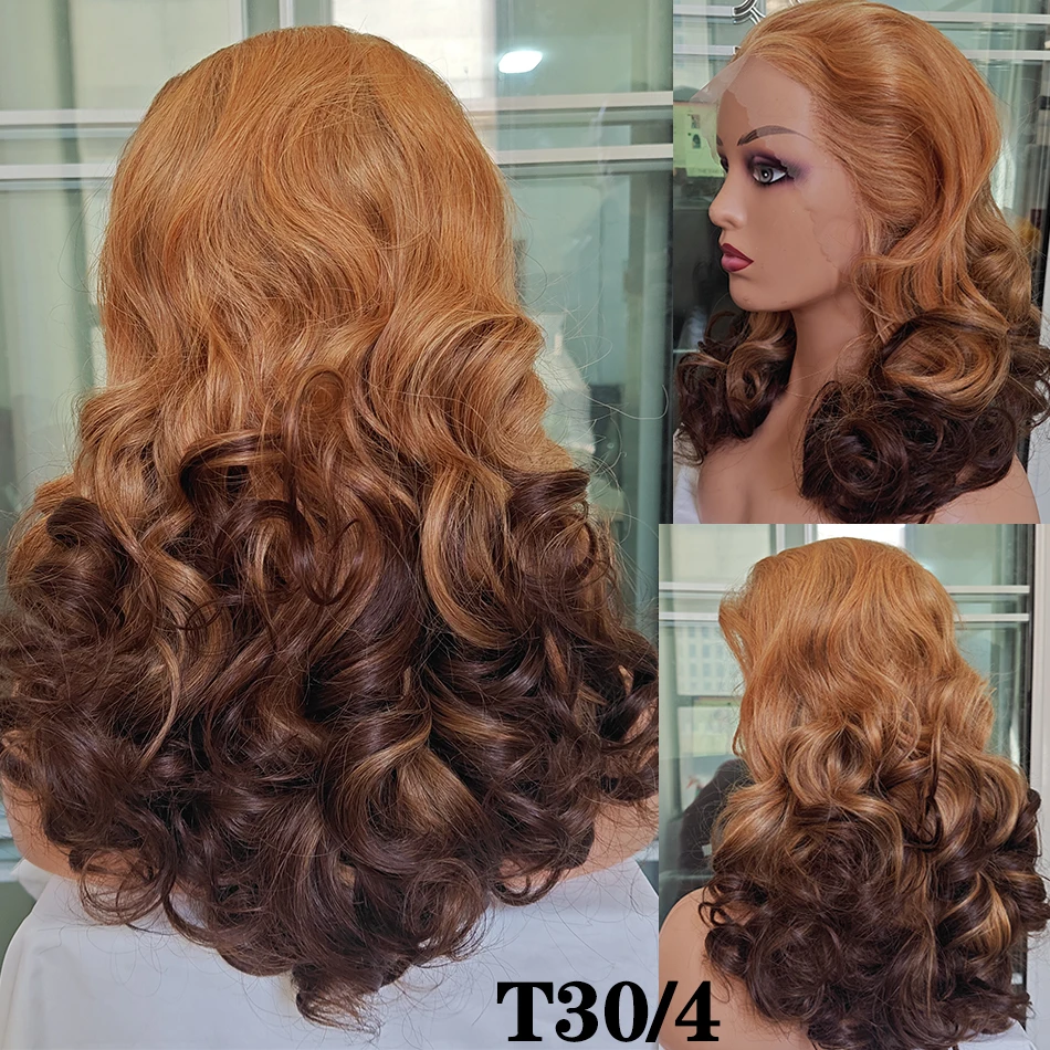 Human Hair Highlight Ombre Double Drawn Bouncy Body Wave Full Weave Wavy Lace Wig