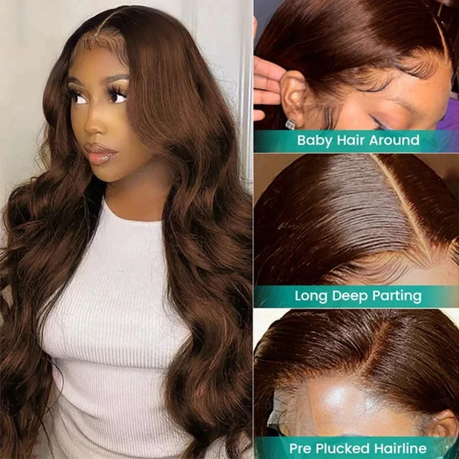 Chocolate Brown Body Wave Lace Front Transparent Human Hair Wig Pre-Plucked Colored for Women