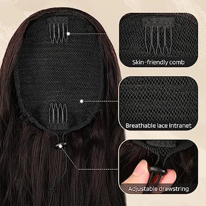 Long Curly Wavy Synthetic Drawstring Ponytail Hair Extension for Women Burgundy Blond