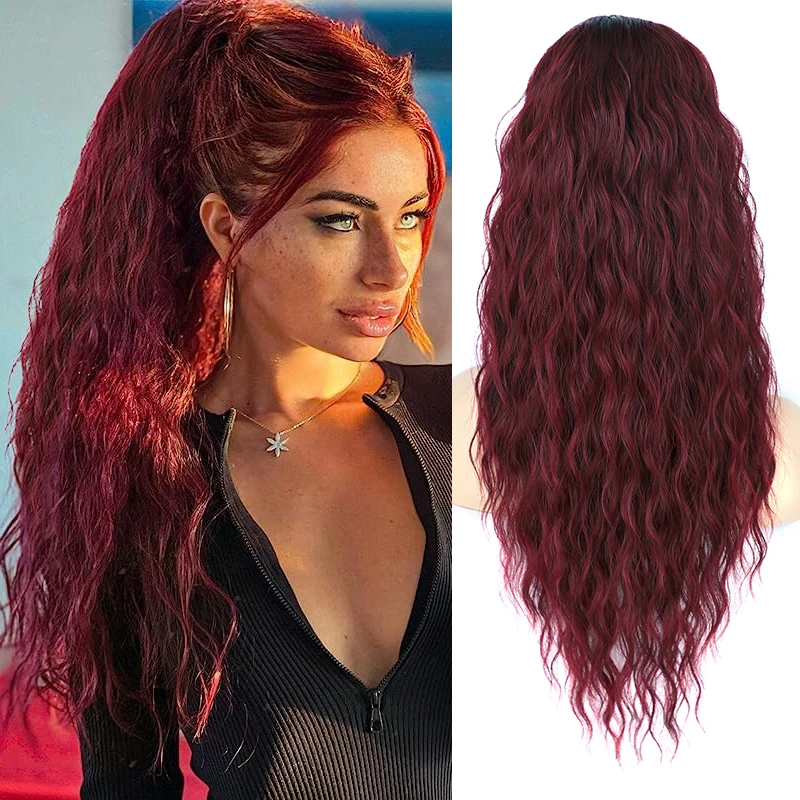 Long Curly Wavy Synthetic Drawstring Ponytail Hair Extension for Women Burgundy Blond