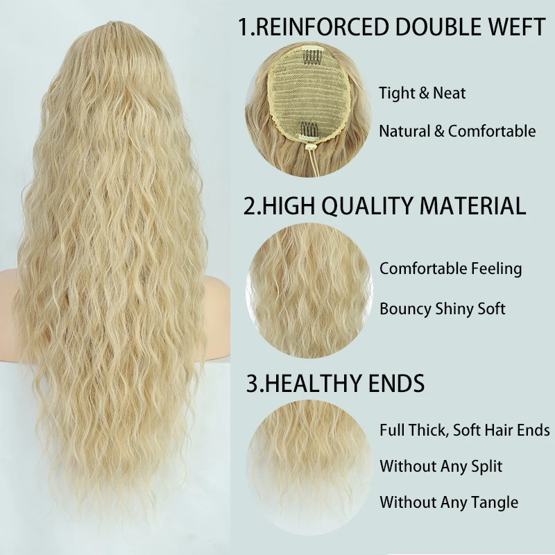 Long Curly Wavy Synthetic Drawstring Ponytail Hair Extension for Women Burgundy Blond