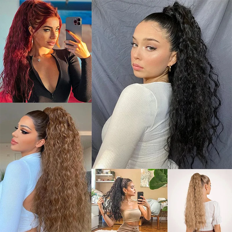 Long Curly Wavy Synthetic Drawstring Ponytail Hair Extension for Women Burgundy Blond