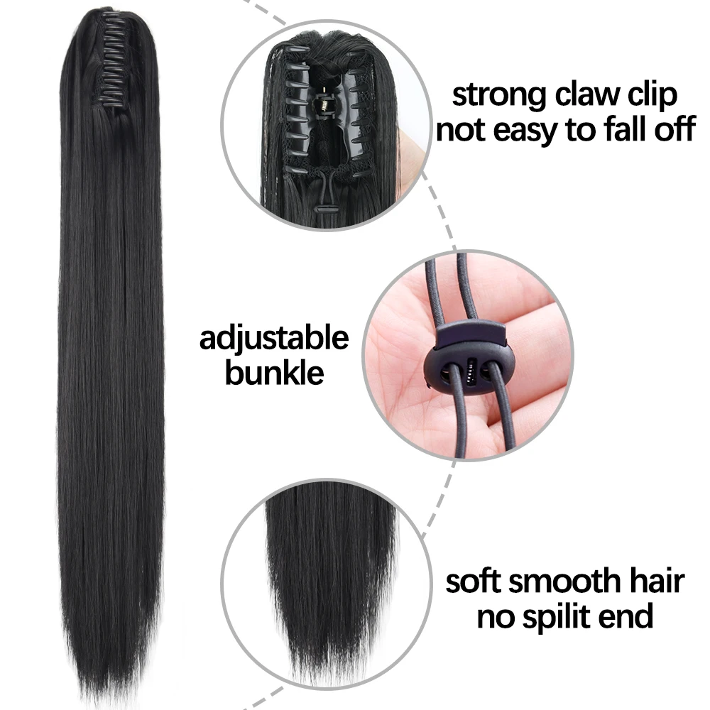 Synthetic Long Straight Claw Clip-On Ponytail Hair Extensions Heat Resistant for Women