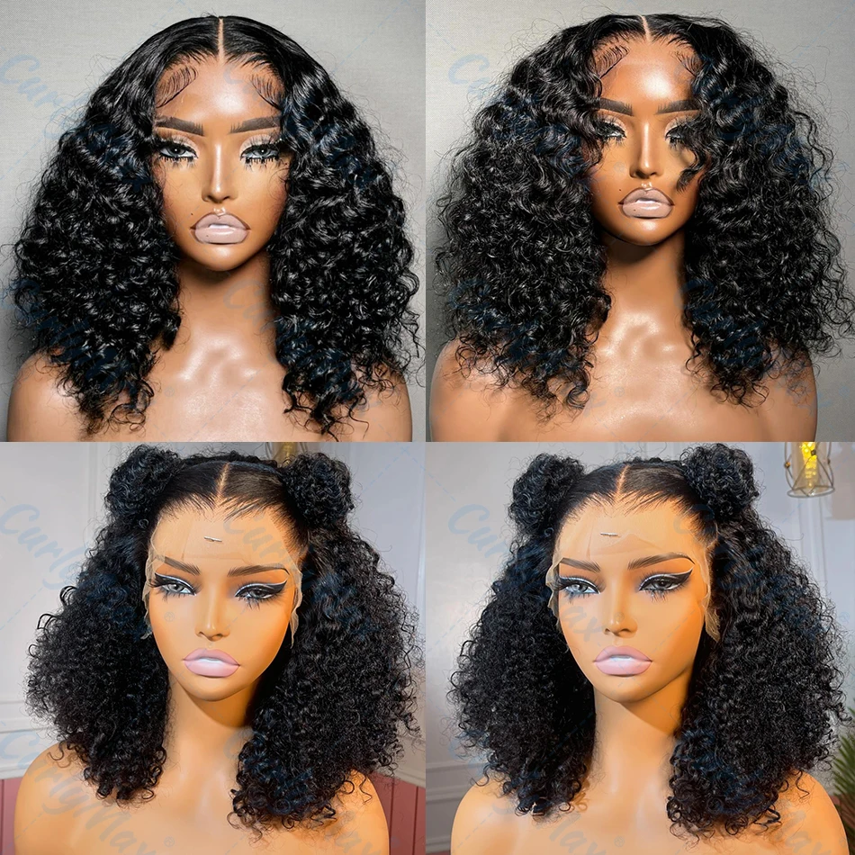 Brazilian Short Bob Lace Frontal Wig, Deep Wave HD Transparent Lace Front with Curly Closure for Women