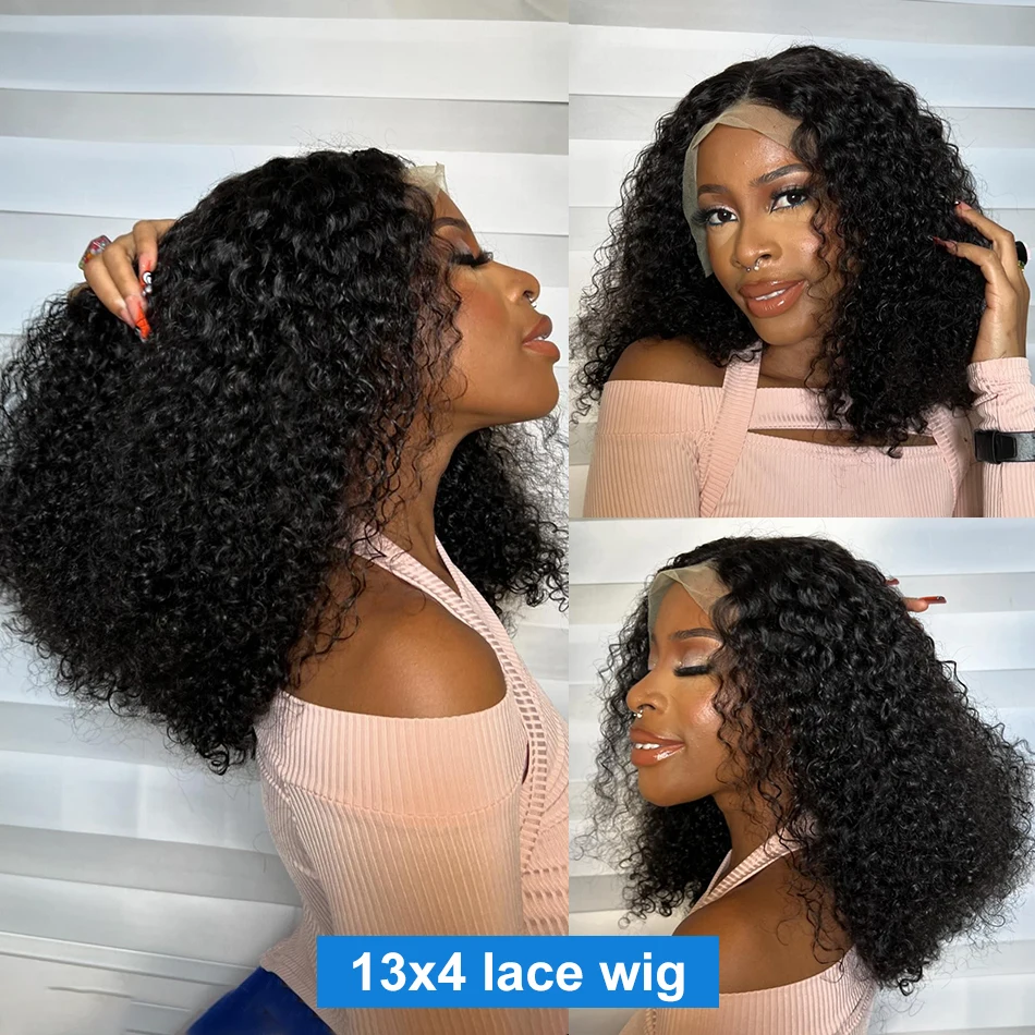 Brazilian Short Bob Lace Frontal Wig, Deep Wave HD Transparent Lace Front with Curly Closure for Women