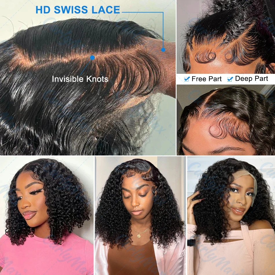 Brazilian Short Bob Lace Frontal Wig, Deep Wave HD Transparent Lace Front with Curly Closure for Women