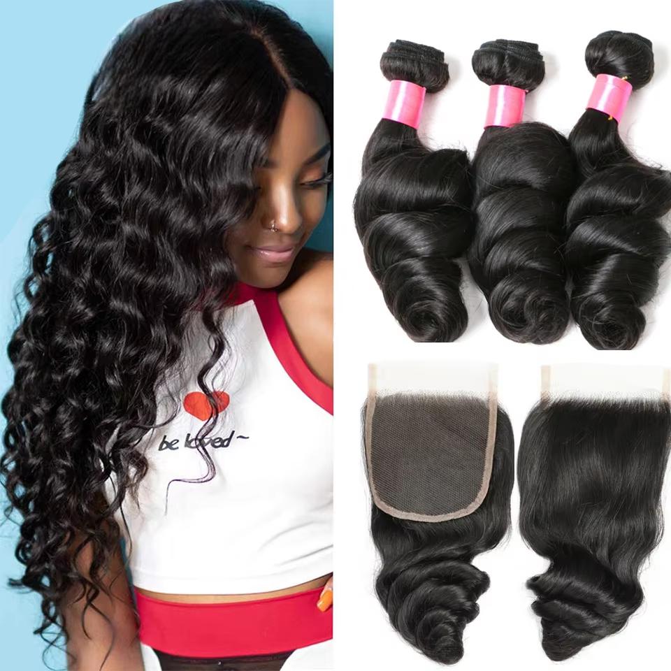 Loose Wave Human Hair Bundles with Lace Closure Brazilian Hair Extensions