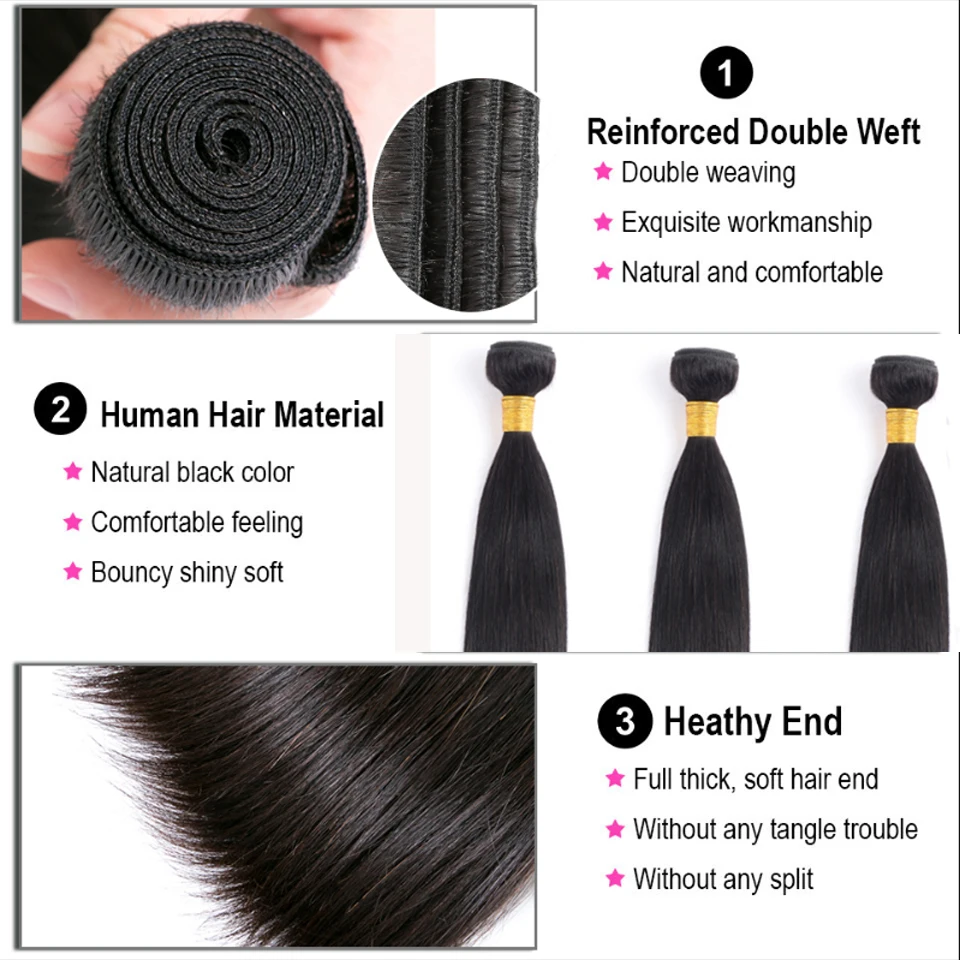 Bone Straight Human Hair Bundles with HD Lace Closure Raw Brazilian Weave