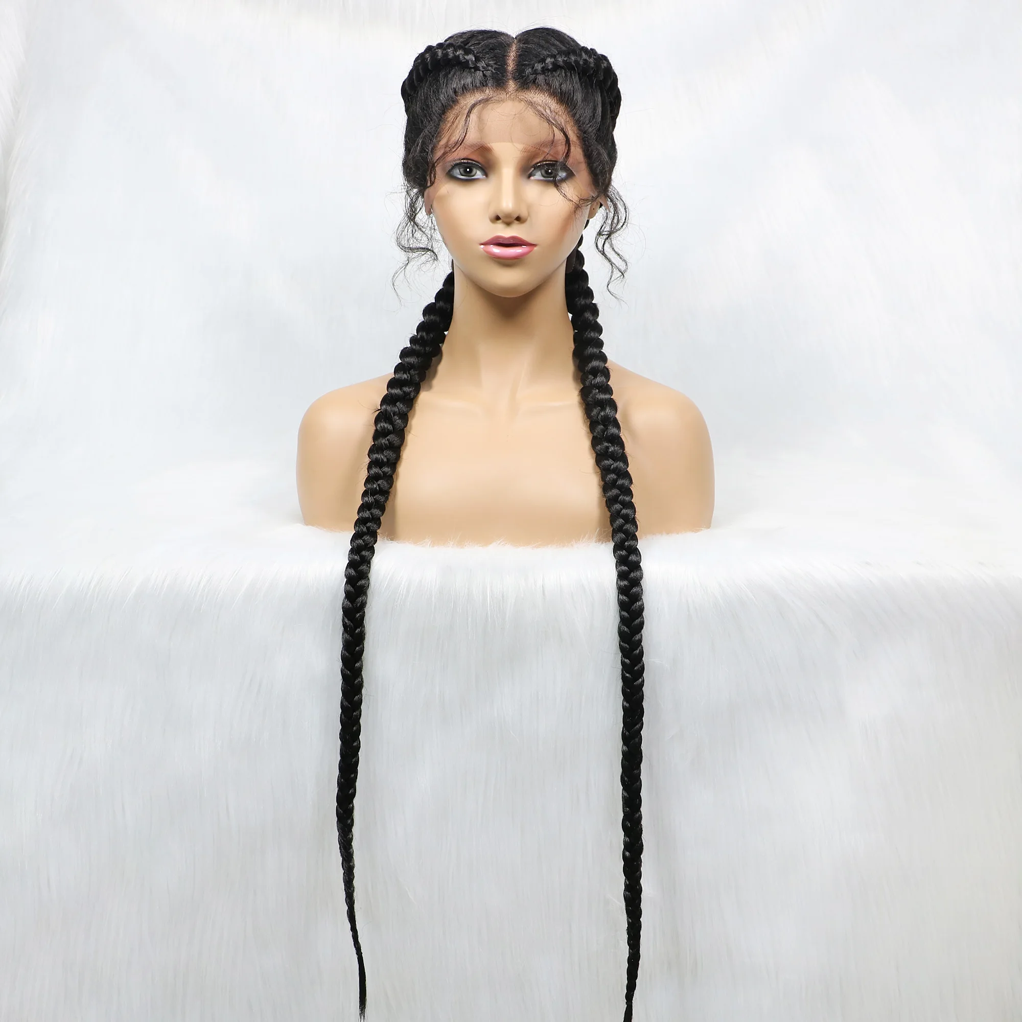 Long Lace Front Synthetic Braided Wig with Dutch Twin Braids and Baby Hair for Black Women
