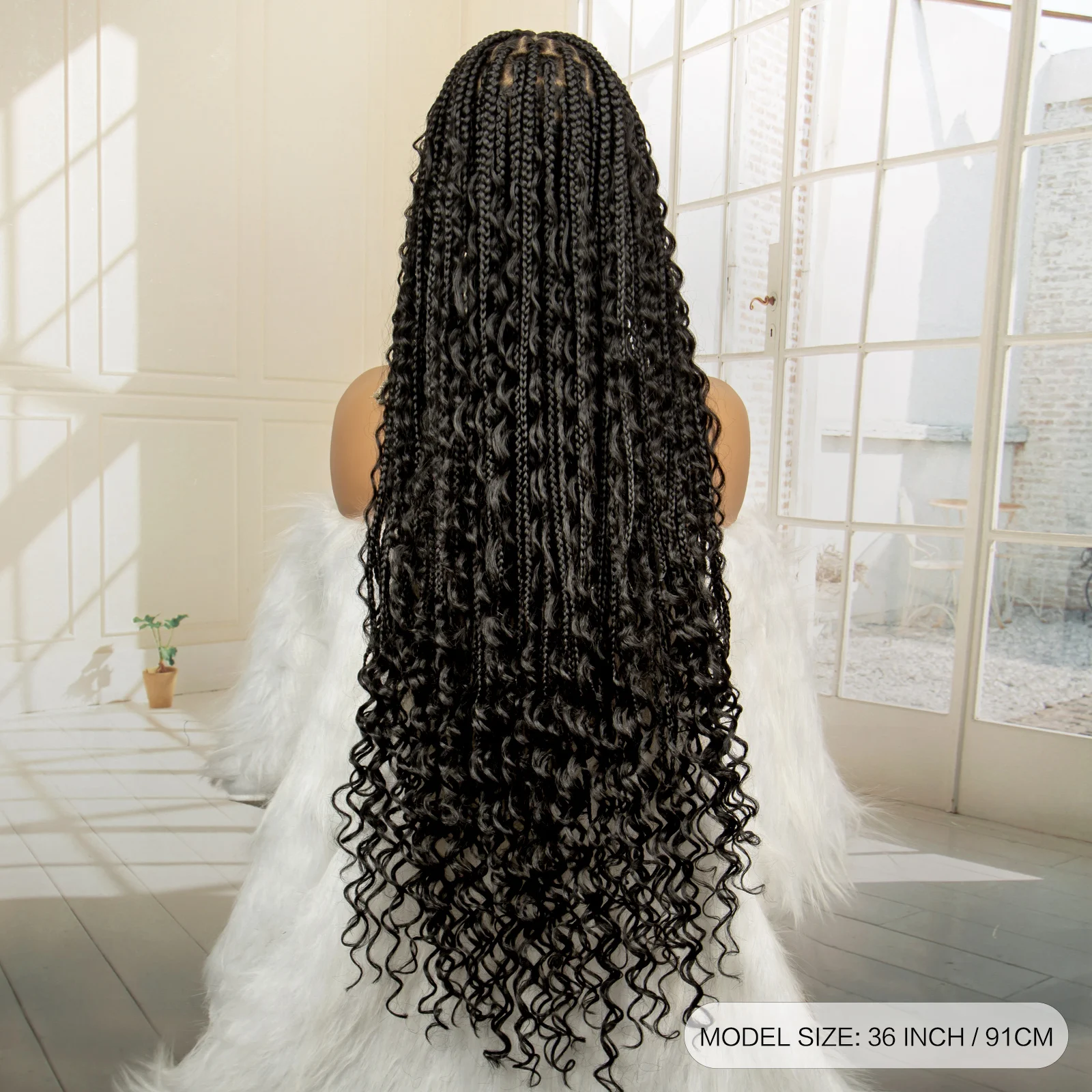 36-Inch Boho Braided Wig with Baby Hair Synthetic Knotless Box Braids and Curly Lace Front