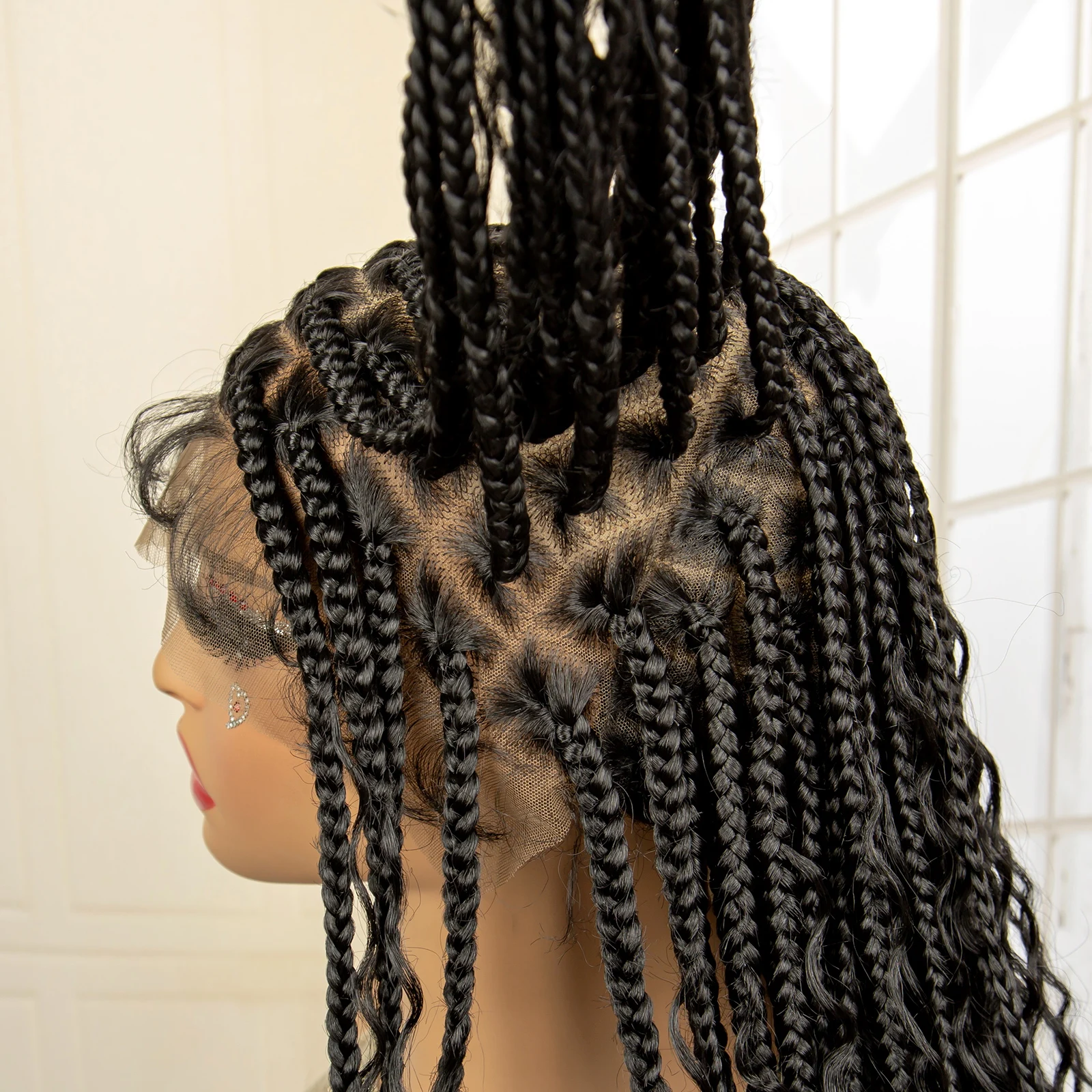 36-Inch Boho Braided Wig with Baby Hair Synthetic Knotless Box Braids and Curly Lace Front