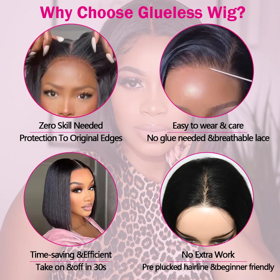 Glueless Human Hair Bob Wig Ready to Wear with Transparent Pre-Cut Lace for Women