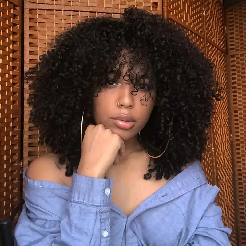 Afro Kinky Curly Wig with Bangs Soft Fluffy Synthetic Hair for Party or Daily Use