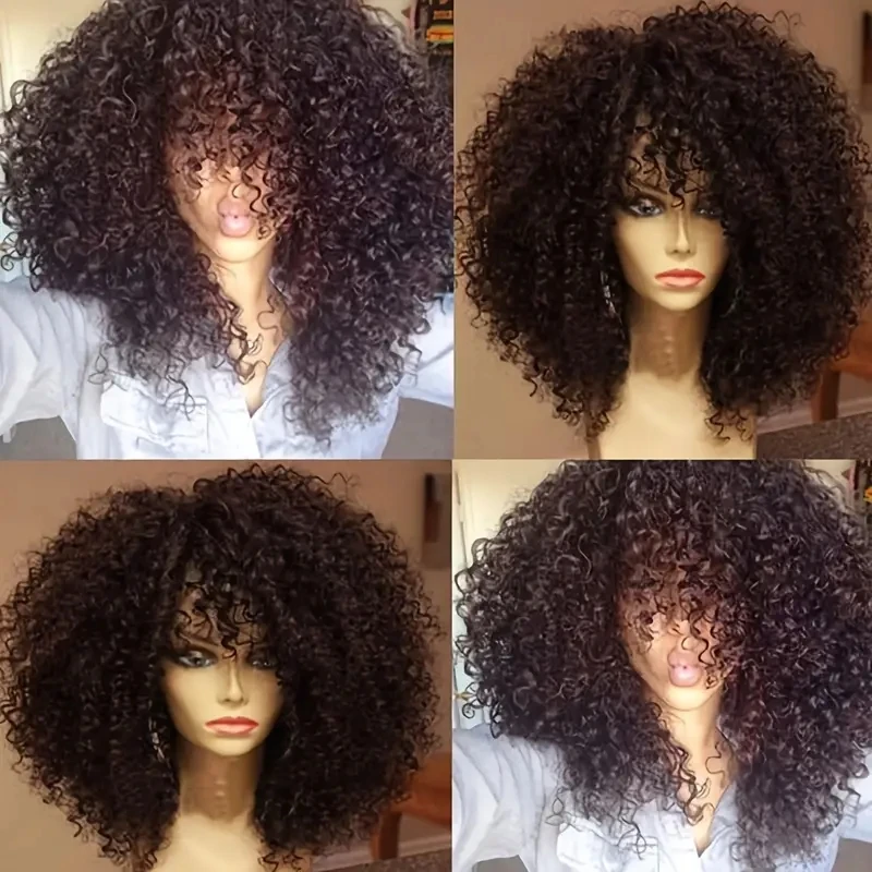 Afro Kinky Curly Wig with Bangs Soft Fluffy Synthetic Hair for Party or Daily Use