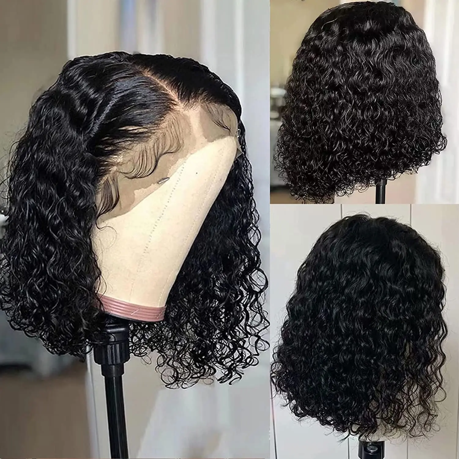 Short Black Curly Bob Lace Wig for Women Deep Wave Remy Human Hair