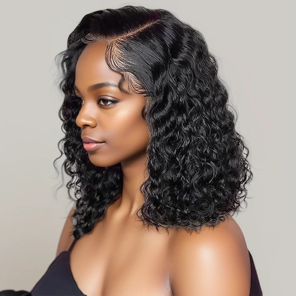 Short Black Curly Bob Lace Wig for Women Deep Wave Remy Human Hair
